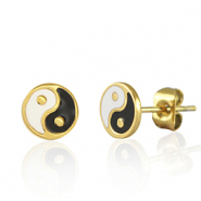 Ohrringe / Ohrstecker aus Stainless Steel - Rostfreiem Stahl Yin & Yang 7mm Gold-black white