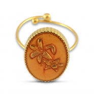 Ringe aus Stainless Steel - Rostfreiem Stahl Enamel Oval mit Blume Gold-salmon pink