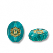 Acrylperlen Oval mit Blume Teal blue-gold