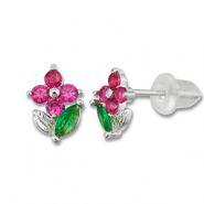 Brass TQ Metall Ohrringe / Ohrstecker Blume Silver-dark pink-green