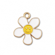 Metall Anh&auml;nger Enamel Blume mit Smiley Gold-white-yellow