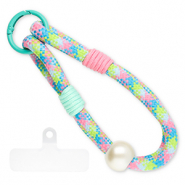 Trendy Segeltau-Handykette inkl. Befestigungs-Patch Light pink-mint green-blue-ivory white