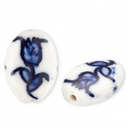 Perlen Keramik Oval mit Tulpe Off white-Delft blue