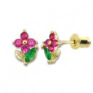 Brass TQ Metall Ohrringe / Ohrstecker Blume Gold-dark pink-green