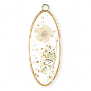 Anhänger mit getrockneter Blume Lang Oval Gold-off white