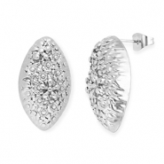 Stainless Steel - Rostfrei Stahl Schmuckzubeh&ouml;r Ohrringe / Ohrstecker Oval mit Blumen mit &Ouml;se Silver