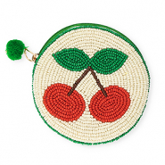 Geldb&ouml;rse Rund mit Kirschen Off white-green-brown-red