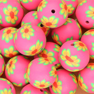 Silikonperlen 18&nbsp;mm Rund mit handbemalten Blumen Neon pink-green-orange-red