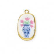 Anh&auml;nger Keramik Oval mit Blume Gold-white-blue-pink-green