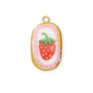 Anh&auml;nger Keramik Oval mit Erdbeere Gold-white-red-pink-green