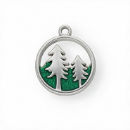 Anh&auml;nger aus rostfreiem Edelstahl mit Enamel, Rund mit B&auml;ume Silver-green