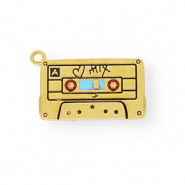 Anh&auml;nger aus rostfreiem Edelstahl mit Enamel, Musikkassette Gold-light blue-red