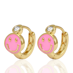 Brass TQ Metall Ohrringe Creolen Enamel Smiley Pink crystal-gold