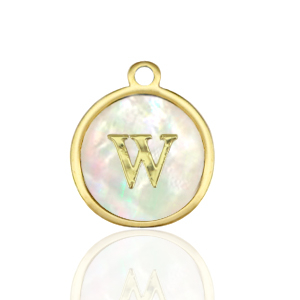 Stainless Steel - Rostfrei Stahl Anh&auml;nger 12mm shell initial W White (Naturliche Farbe Muschel)-gold