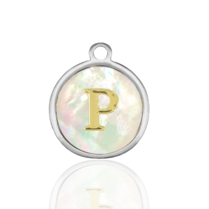Stainless Steel - Rostfrei Stahl Anh&auml;nger 12mm shell initial P White (Naturliche Farbe Muschel)-silver