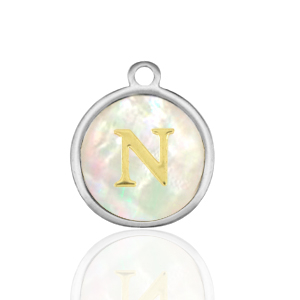 Stainless Steel - Rostfrei Stahl Anh&auml;nger 12mm shell initial N White (Naturliche Farbe Muschel)-silver