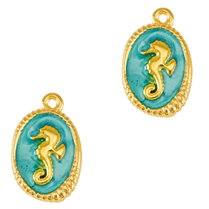 Metall Anh&auml;nger DQ Seepferdchen Gold-turquoise blue (nikkelvrij)