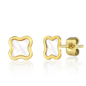 Ohrringe / Ohrstecker aus Stainless Steel - Rostfreiem Stahl Blume Gold-pearl white