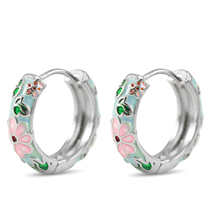 Brass TQ Metall Creolen mit Enamel Flower Silver-pink blue