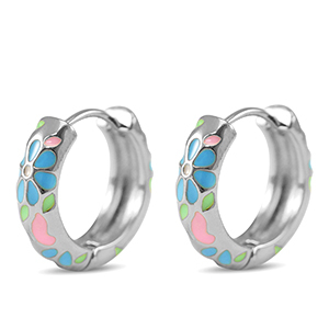 Brass TQ Metall Creolen mit Enamel Flower Silver-pink blue