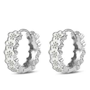 Brass TQ Metall Creolen mit Enamel Flower Silver-white