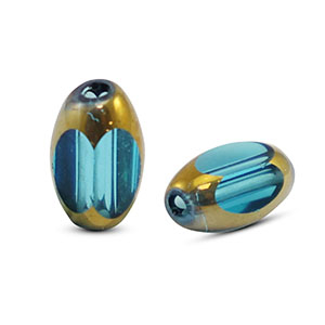 Glasperlen oval Facett Blue transparent-gold