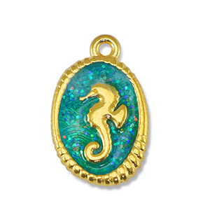 Metall Anh&auml;nger DQ Seepferdchen Glitter Turquoise-Gold (Nickelfrei)
