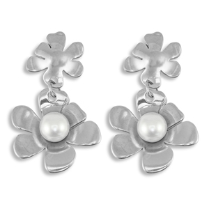 Ohrringe / Ohrstecker aus Stainless Steel - Rostfreiem Stahl Blume mit Imitation perlen Silver