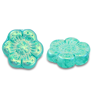 B&ouml;hmische Perlen Boho Flower 14mm Transparent turquoise green-AB coating