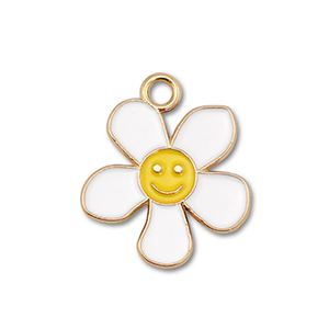 Metall Anh&auml;nger Enamel Blume mit Smiley Gold-white-yellow