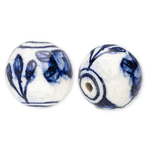 Perlen Keramik 18 mm mit Tulpe Off white-Delft blue