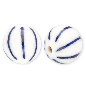 Perlen Keramik 10 mm mit Streifen Off white-Delft blue