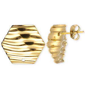 Stainless Steel - Rostfrei Stahl Schmuckzubeh&ouml;r Ohrringe / Ohrstecker Hexagon mit Linien mit &Ouml;se Gold