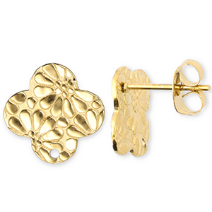 Stainless Steel - Rostfrei Stahl Schmuckzubeh&ouml;r Ohrringe / Ohrstecker Gl&uuml;cksklee mit Blume mit &Ouml;se Gold