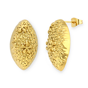 Stainless Steel - Rostfrei Stahl Schmuckzubeh&ouml;r Ohrringe / Ohrstecker Oval mit Blumen mit &Ouml;se Gold
