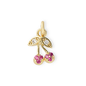 Brass TQ Metall Anh&auml;nger Kirschen mit Strass Gold-pink-transparent