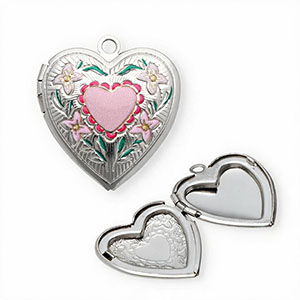Medaillon Anh&auml;nger aus rostfreiem Edelstahl mit Enamel, Herz mit Blumen Silver-pink-green