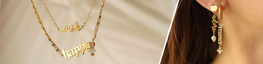 Neue Serie mit Edelstahl-Wortanhängern als Zwischenstück Neue Serie mit Edelstahl-Wortanhängern als Zwischenstück