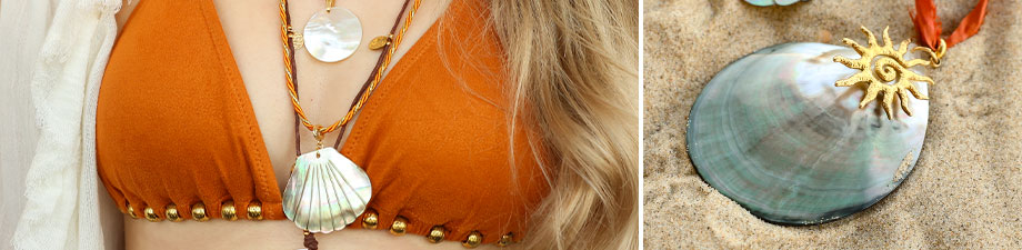 Neue Serie mit großen Muschel- und Perlmuttanhänger Neue Serie mit großen Muschel- und Perlmuttanhänger